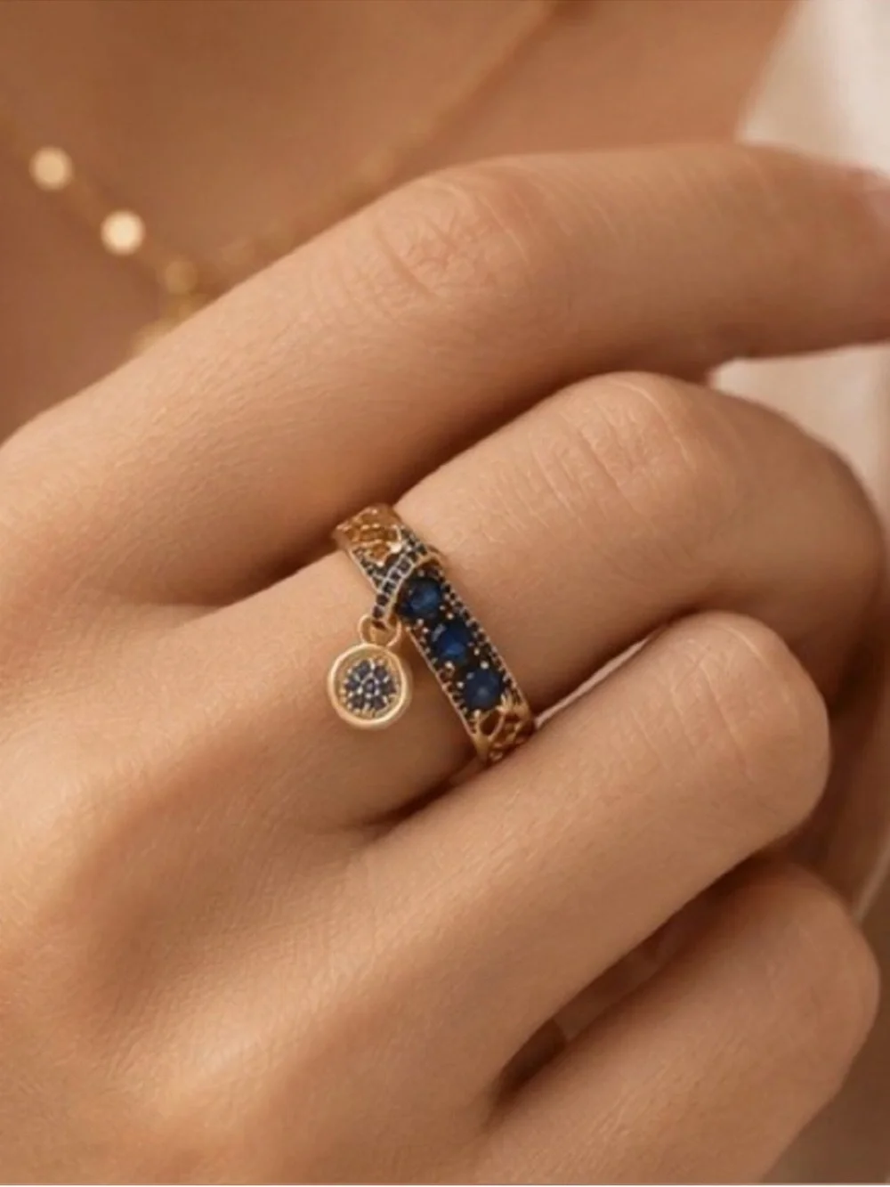 Golden Ring with Sapphire Blue Crystals and Charm